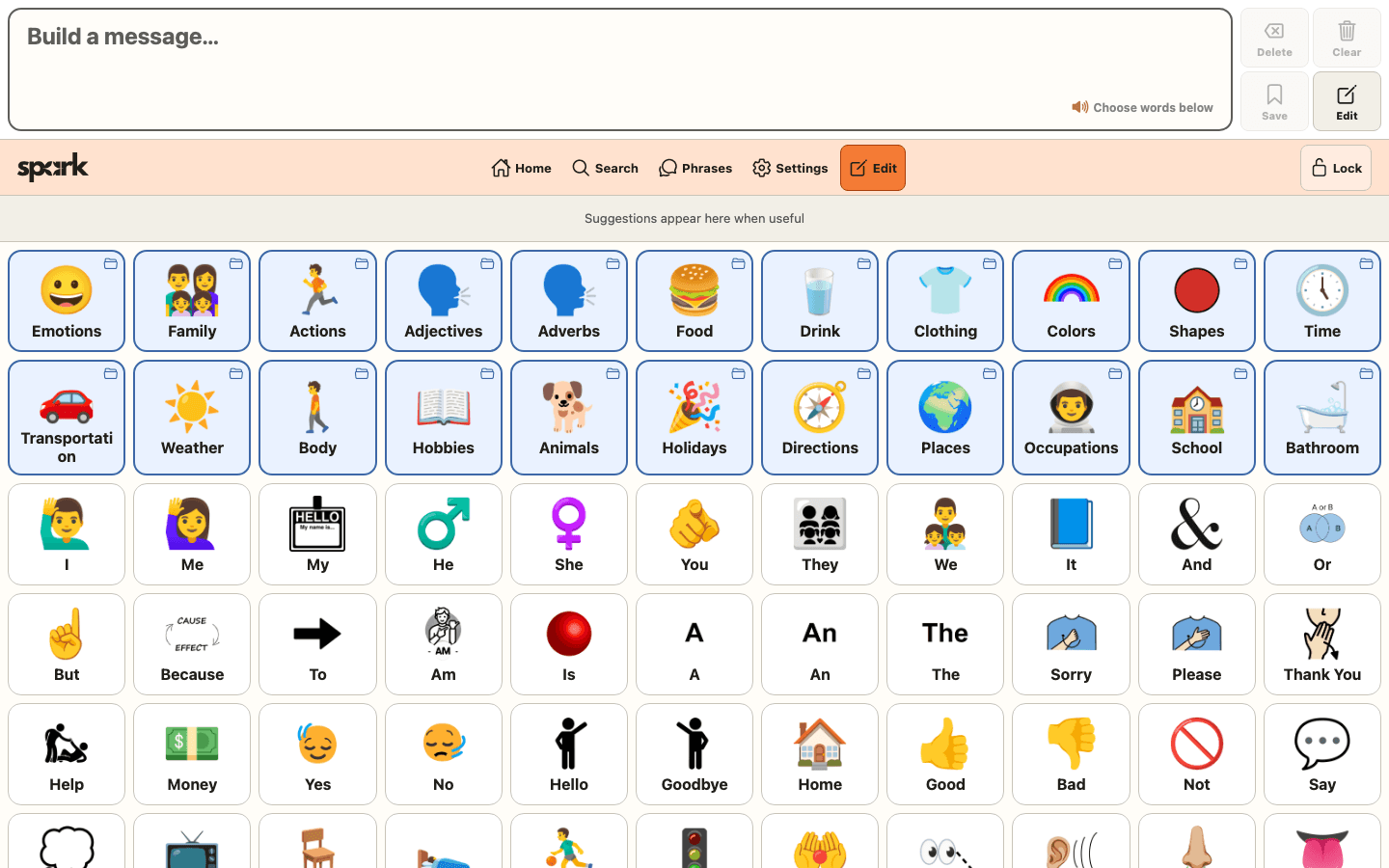 SPARK communication board showing folders and everyday vocabulary